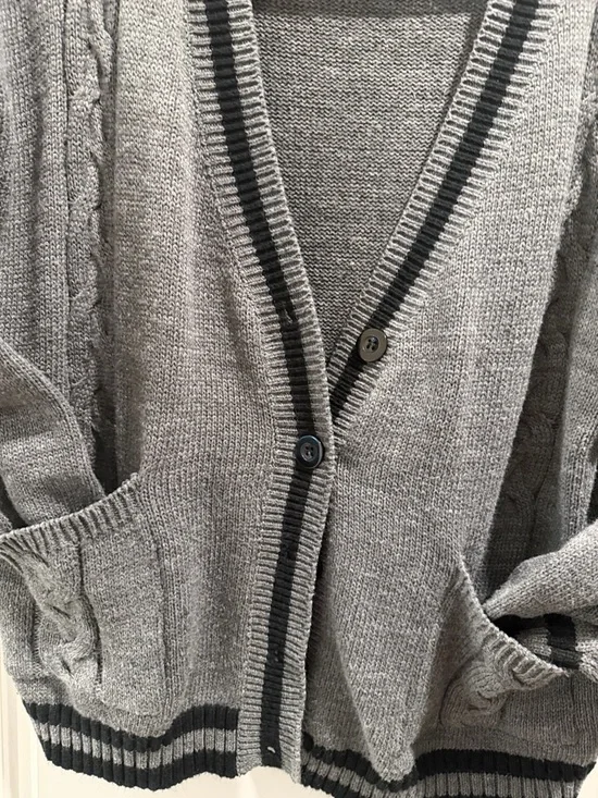 Gray Knit Button Cardigan with Black Trim - Picture 3 of 6